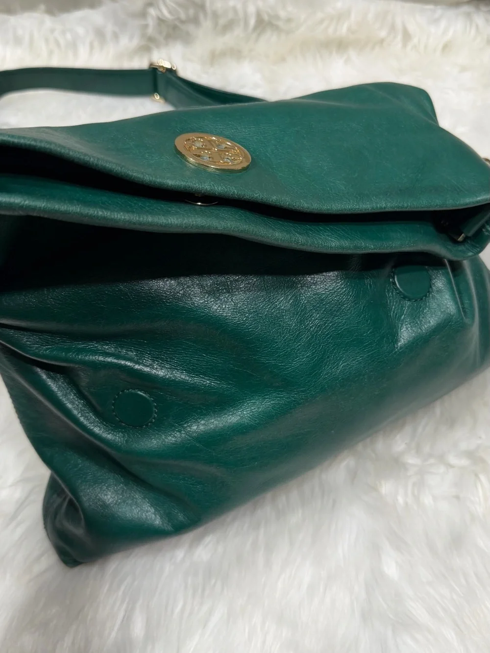 Tory Burch Emerald Green Leather Fold-Over Crossbody with Logo